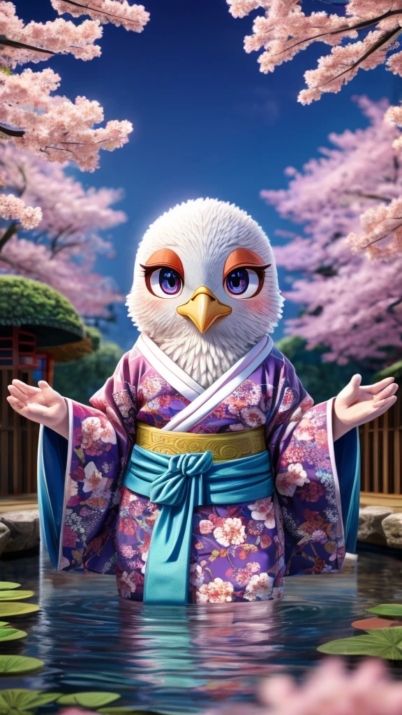 Create an image of a humanoid creature with the head of a pigeon and a human body, viewed from the front in a full-body shot. The creature has a cute, anime-style pigeon head with large, sparkling eyes that convey a sense of playfulness and wonder. The cheeks should have a slight blush to enhance its cuteness, and the small, curved beak should add to the adorable look. The pigeon feathers display a soft gradient of blue and purple hues, with an iridescent glow to give a magical effect. The creature is wearing a traditional Japanese kimono with an intricate floral pattern. The kimono should be in vibrant colors, like pink or light blue, with a wide obi belt in a contrasting color and a decorative bow at the back. The sleeves should be long and flowing, adding elegance to the outfit. The background features a peaceful Japanese garden with a koi pond and gently falling cherry blossoms, enhancing the character's unique and enchanting nature. Use a bright color palette with soft pastels to highlight the contrast between the cute anime-style pigeon head and the traditional kimono attire