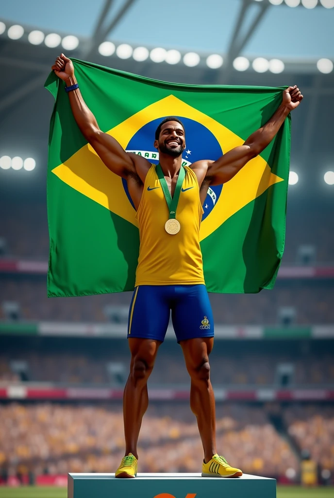 Imagine a cena: a Brazilian athlete is on the Olympic podium, with the national flag fluttering in the background and the audience applauding enthusiastically. He is standing on the top step, showing off the gold medal with a smile of euphoria. on wrist, a modern and stylish smartwatch shines under the podium lights. o smartwatch, besides being a stylish accessory, is monitoring the athlete&#39;s heart rate in real time.

While the athlete celebrates, you can see a smartwatch display, visible to anyone observing closely, displaying graphs and numbers showing heart rate during the event. This detail not only underscores the importance of health and performance monitoring, but also symbolizes the integration of technology with elite sport. The watch is a testament to the meticulous preparation and strategy behind Olympic success, in addition to highlighting the role of technology in optimizing athletic performance.
