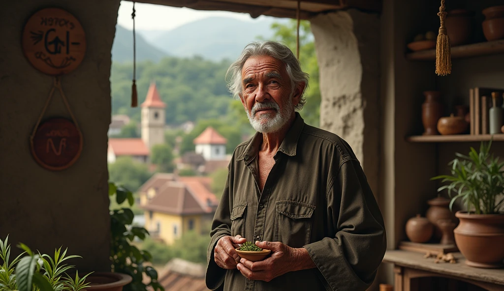 Create a realistic and emotionally evocative image of an elderly man, Vô Augusto, with a kind and wise expression, set in the small town of Catanduva, São Paulo. He stands in a humble, rustic setting, possibly a simple house with traditional Brazilian and German elements, symbolizing his roots. In the background, show a soft blend of scenes: a German village with ancient traditions and a Brazilian landscape, representing his journey. Vô Augusto should be holding or using traditional tools of a healer, such as herbs or a small wooden cross, symbolizing his deep connection to faith and healing. The overall atmosphere should convey warmth, spiritual strength, and the deep cultural heritage he embodies.