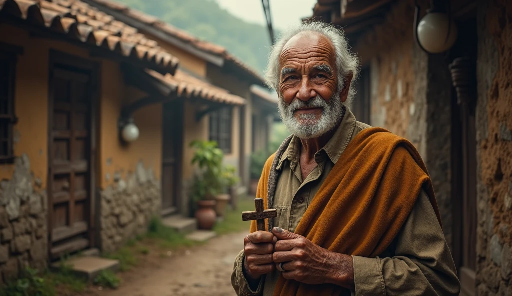 Create a realistic and emotionally evocative image of an elderly man, Vô Augusto, with a kind and wise expression, set in the small town of Catanduva, São Paulo. He stands in a humble, rustic setting, possibly a simple house with traditional Brazilian and German elements, symbolizing his roots. In the background, show a soft blend of scenes: a German village with ancient traditions and a Brazilian landscape, representing his journey. Vô Augusto should be holding or using traditional tools of a healer, such as herbs or a small wooden cross, symbolizing his deep connection to faith and healing. The overall atmosphere should convey warmth, spiritual strength, and the deep cultural heritage he embodies.