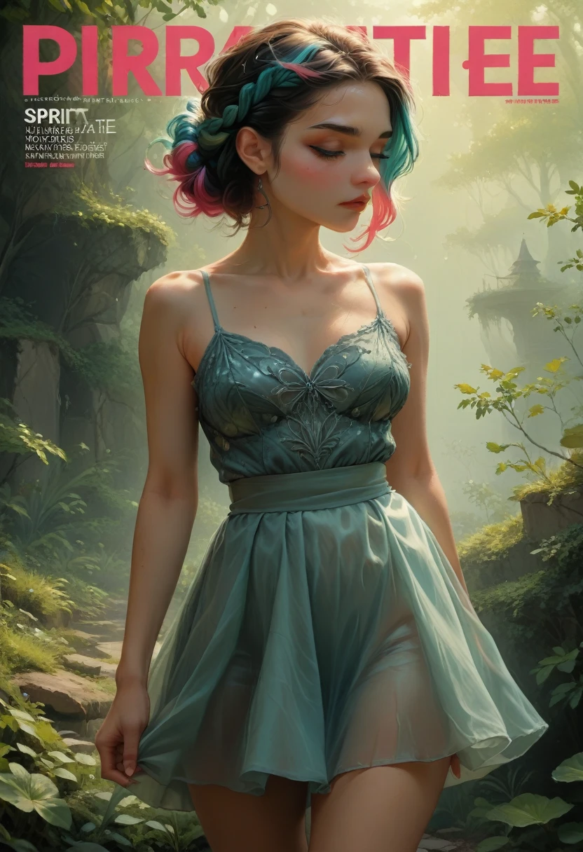 masterpiece, superlative, Spring Dress, dyed hair, Open, magazine cover, Transparent short skirt,, suspender, light tulle, wide hips, thin waist, smooth, soft and tender skin