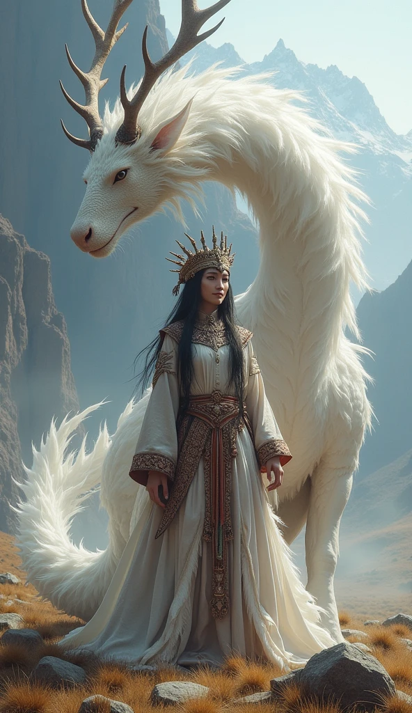 Queen mongolian. white dragon, shaman deer antlers mongolian clothing . shaman drum.
