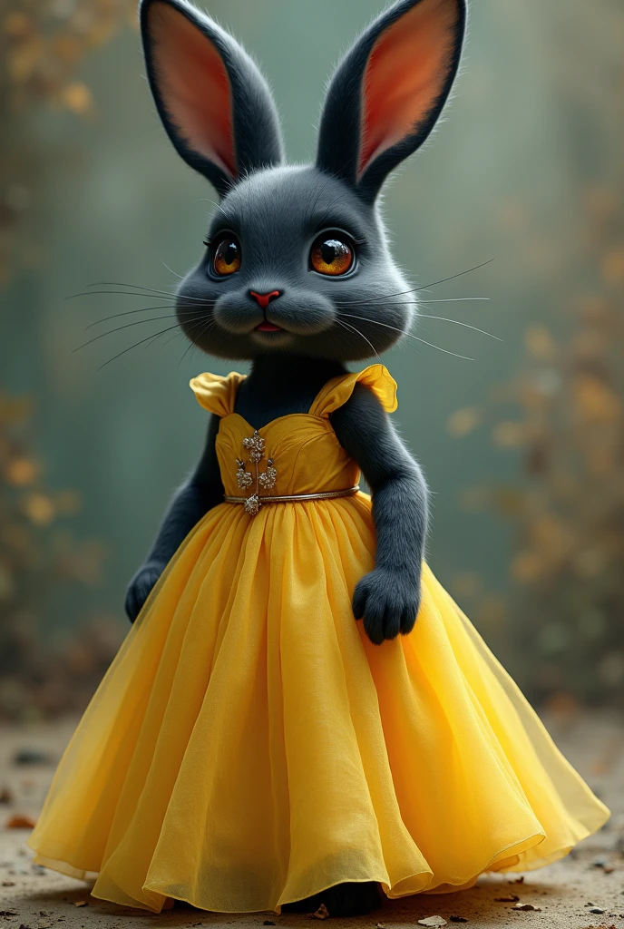 A extremely pretty a furry black bunny, with black hair, piercing gray eyes, full red lips, with gently features and pear shape body, wearing a long yellow dress.