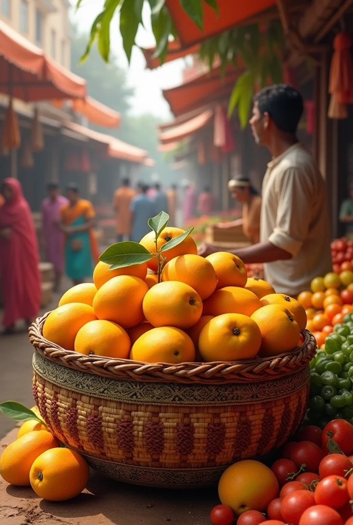 Basket full of mangoes in an Indian market: A colorful scene from a market, with a basket full of fresh mangoes, surrounded by other tropical products, reflecting the importance of mango in Indian culture.