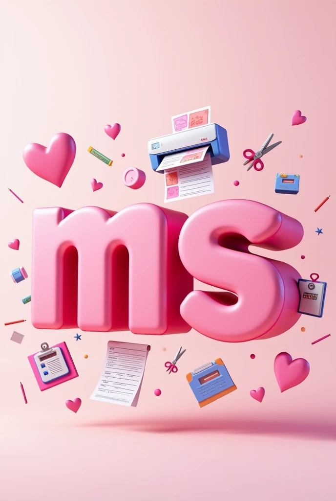 Create a logo with vibrant colors, Pastel colored background with the initials MS in pink 3D, with printer drawings, agendas, scissors and several pink hearts. Pixar animation style 