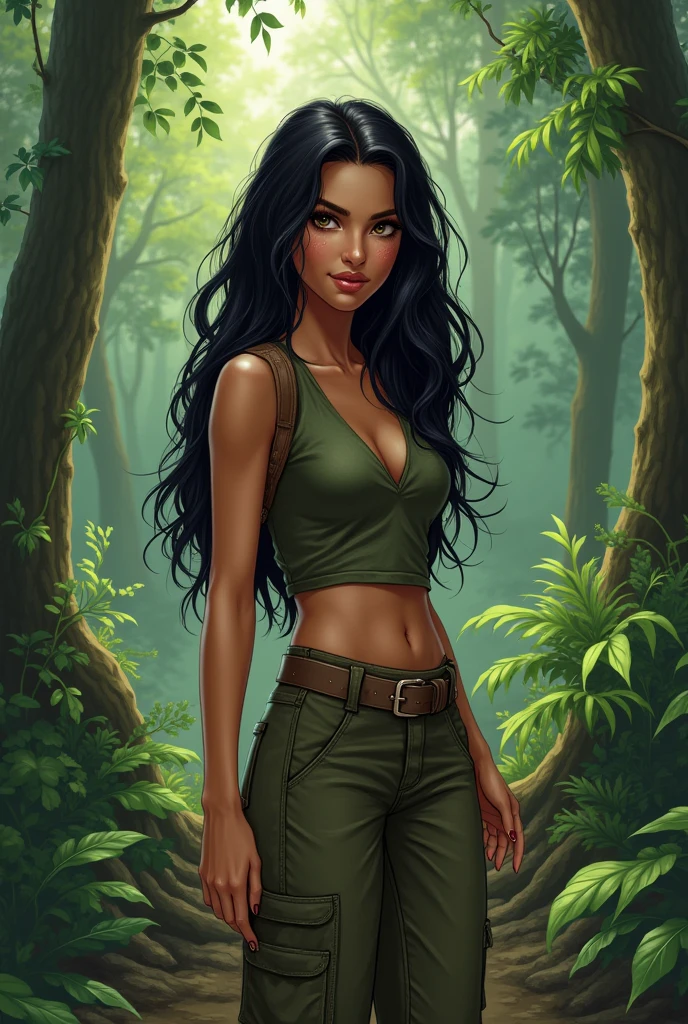 An adventurous avatar dressed as someone who goes searching for something in the forest, that exudes femininity and is not too sexy, drawing of a thin woman size 1.53 tall, extremely small breasts , long, very black hair, brown color brunette style, Brazilian, well filled eyebrow, very dark brown eyes, almost black, slightly sharp nose and well-shaped mouth, but normal size 