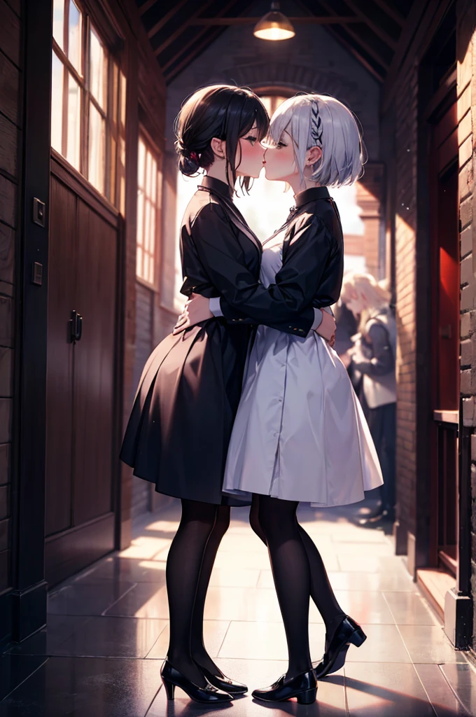 (masterpiece), 4K,{{{2 women}}}, Parent and Child,Lesbian,shoes,,Random Hairstyles,kiss,((Lesbian kiss )),Shooting from afar,monastery,