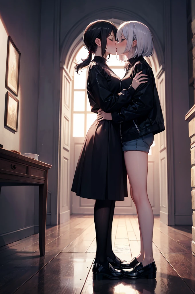 (masterpiece), 4K,{{{2 women}}}, Parent and Child,Lesbian,shoes,,Random Hairstyles,kiss,((Lesbian kiss )),Shooting from afar,monastery,