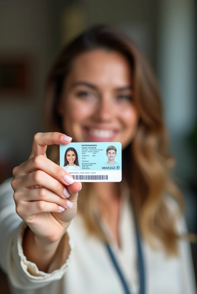 Take a selfie with a woman's hand holding an ID card Where the woman's face is clearly understood