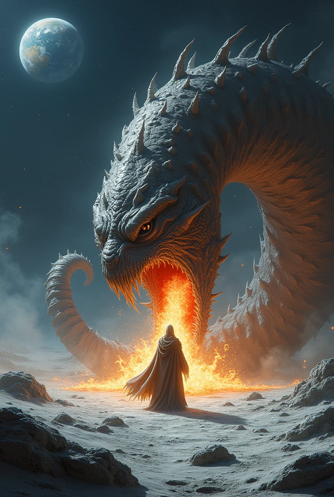 On the moon's surface, a robe-wearing wizard and a giant worm-like monster are fighting. The wizard is casting long fire and magic.