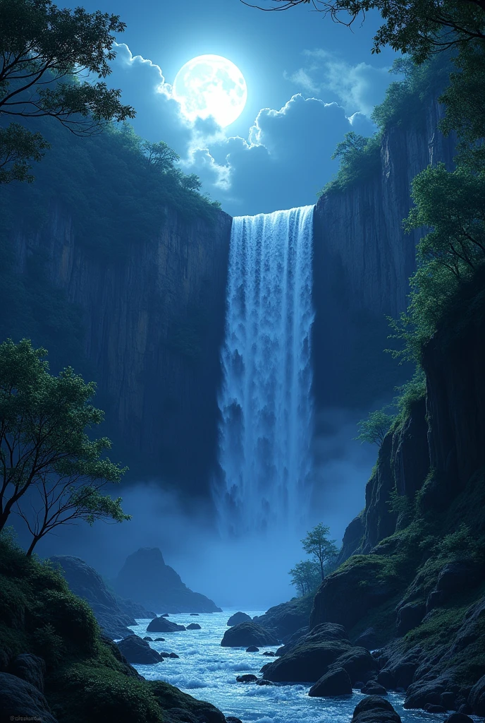 very great view of night with waterfall at midnight