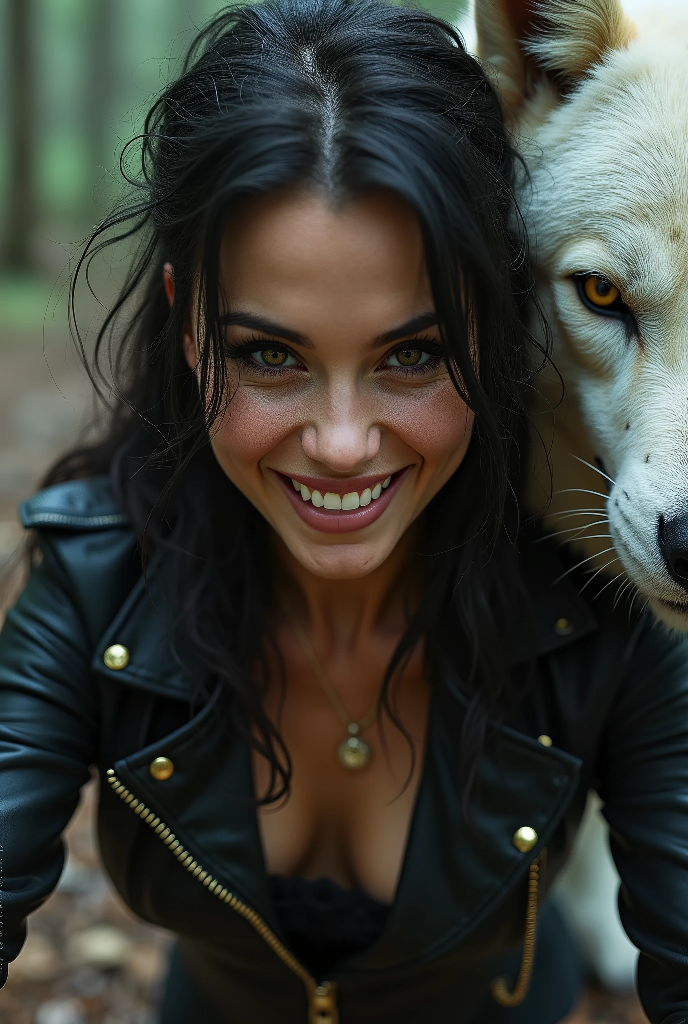 Portrait D'une Femme Lethal. Aiguille Sauvage. Pupille Orpheline. Capuchon Cuir Indépendante. Avec Un Sourire Enragé. Obnubilé Par Son Objectif. Acide Dynamique Brune. (Traits LycanThropoMorphes). Bois de Chasse. Blanc Pelage Colors.