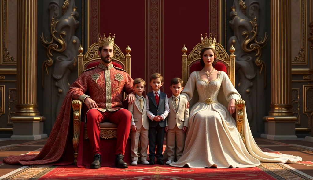 The king and his queen sit on the throne and in front of them are their children, two prince