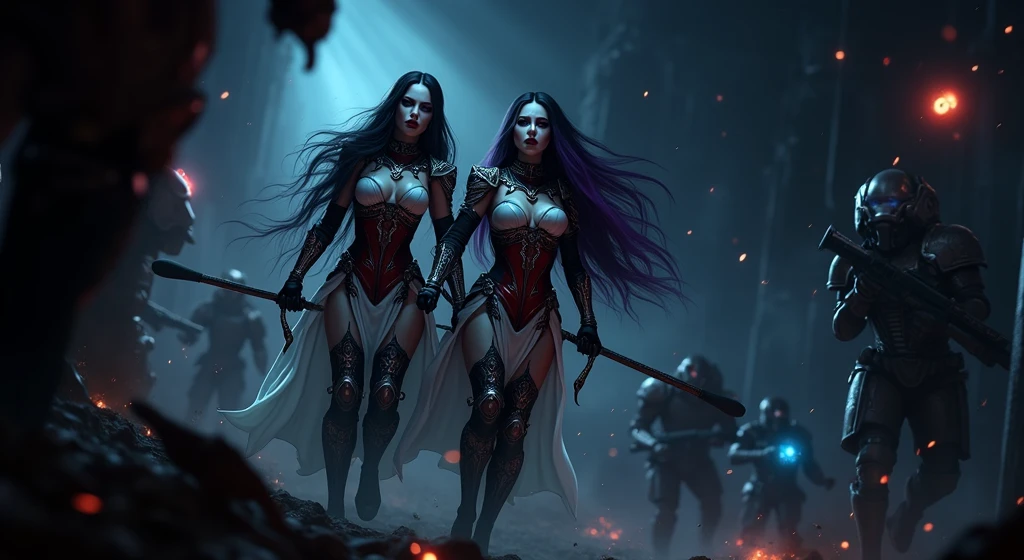 Masterpiece, Best Quality, Official Art, (Highly Detailed CG Unity 8k wallpaper), Detailed background, (Hands by Guido Daniele: 1.1). Full body pose sexy sisters of battle from the warhammer 40k, shooting at the enemy, white armor with intricate details, red armor with intricate details, religous symbols on the armor, sisters of battle, warhammer 40k, Massive silicone breast, pale skin, seductive, temptation, eat your soul, clevage, long flowing black hair with purple highlights, heavy gothic makeup, at night, neon, beautiful detailed eyes, beautiful detailed lips, extremely detailed eyes and face, long eyelashes, highly detailed armor, intricate futuristic weaponry, dramatic lighting, cinematic composition, muted color palette, gritty and realistic, mecha, science fiction, hyper-detailed, photorealistic, award winning digital art, 8k, HDR, masters work, in the middle of a battle field, full body combat action pose, explosions and fire around, full war, stunning, Stilleto heels, high heels, full body pose, cinematic, movie trailer, final stand!, nemesis, ready to strike, dust and debree, combat screams, attacking, shooting at the enemy, running forward, last line of defense, charging, fanatic, religious, templar knights, sisters of battle, warhammer 40k