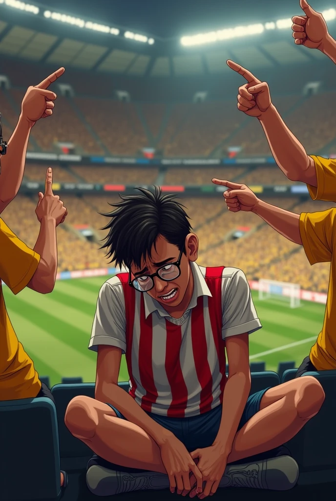 Ugly person with glasses crying wearing white and red striped shirt sitting in a football stadium and fans wearing yellow shirts smiling and pointing at him with index finger