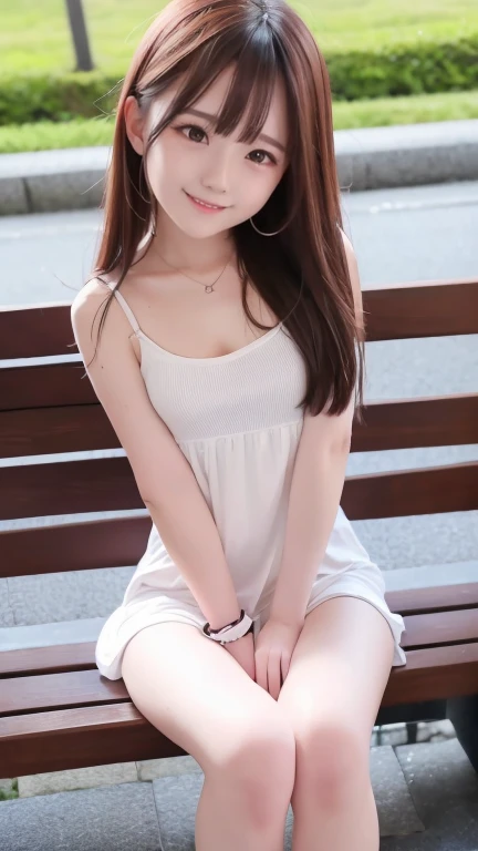 cute woman、cute face、cute smile、 、full body shot、80mm、well-shaped chest、lazy smile、shrine、torii、cherry blossoms、slim body、beautiful and slim legs、sit on the bench、