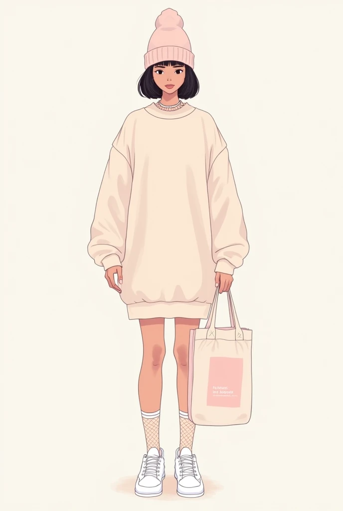 Make a linear image to color that contains: An Oversized Sweatshirt in pastel color. Add some visible mesh socks over white sneakers and a matching beanie.. Includes a fabric tote bag with a minimalist graphic design."2