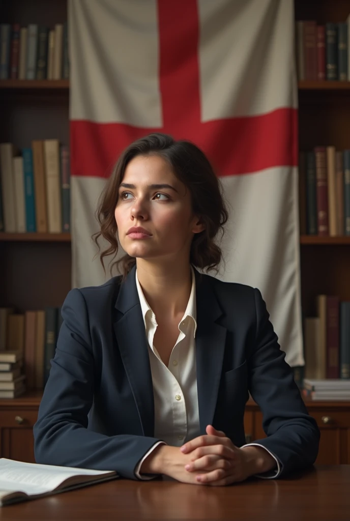 Woman thinking how to say some sentences in English with university background and England flags