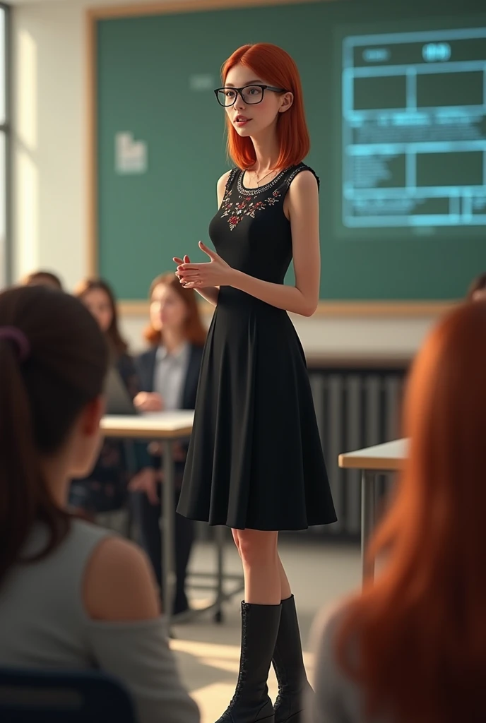 Tall, thin girl with straight reddish medium hair, and with a sleeveless black dress with little flowers on the neckline and black boots, in front of the class with artificial intelligence glasses, speaking in front of the class with university classmates