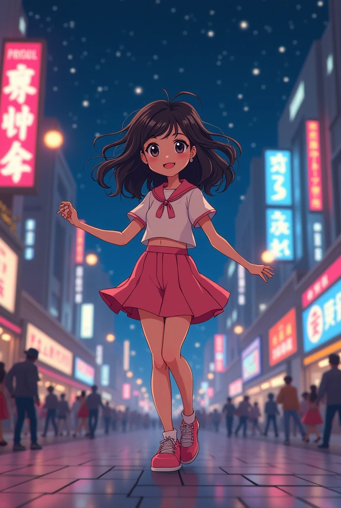cute young 20 years old girl dancing at night. 80s vintage anime style video