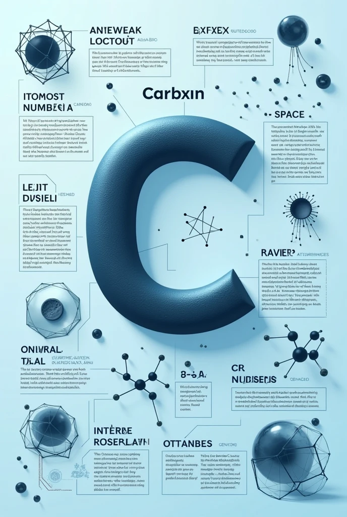 poster about carbon specifications/INFORMATION: 1. Name and symbol of the chemical element:
   - Name: Carbon - Symbol: C

2. Atomic number and atomic weight:
   - Atomic number: 6 - Atomic weight: Approximately 12.01 in (atomic mass units)

3. Period and group to which they belong:
   - Period: 2 - Group: 14 (VAT in the old numbering)

4. Where is the element found in nature?? Or how can you get it?:
   - Carbon is found in nature in various forms, both in the free state and in compounds. In free state, It is found in the form of graphite and diamond. It is also part of all living beings., since it is an essential component of organic compounds. In the form of compounds, It is found in minerals such as calcium carbonate (calcite) and coal, and is an important component of gases such as carbon dioxide.
   - It can be obtained in its pure form through processes such as graphite purification or chemical synthesis in the laboratory..

5. Industrial and everyday applications:
   - Industrialists:
     - Manufacturing of steel and other metals by adding carbon to improve hardness and strength.
     - Production of advanced carbon materials such as carbon fibers and nanotubes for aerospace applications, automotive, and electronics.
     - Use in the production of activated carbon for filtration and purification.
   - Daily life:
     - Graphite is used in pencils, Batteries, and as a lubricant.
     - Diamond is used in jewelry and cutting tools because of its extreme hardness..
     - Carbon is essential in organic chemistry, forming the basis of all organic compounds, like plastics, medicines, and food. I would like the background to be light blue and the rest to your creativity, something simpler but nicer please 
