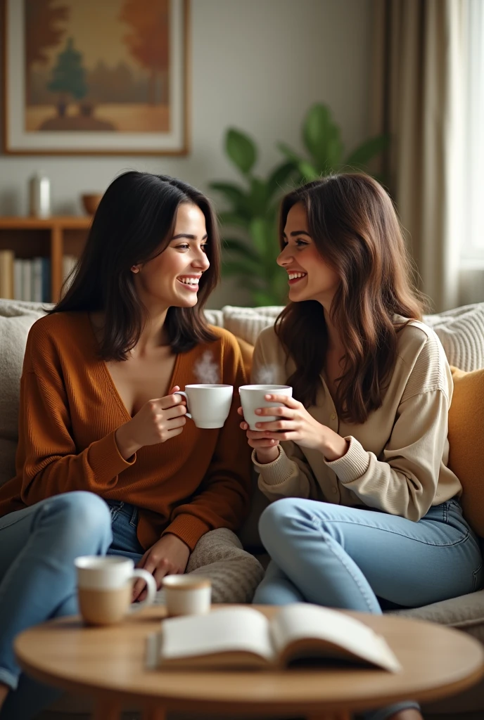 2 beautiful American girl holding coffee on the coffee table
