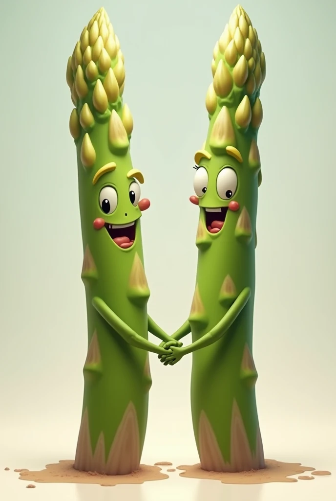 Two asparagus with a human face, main dans la main.
