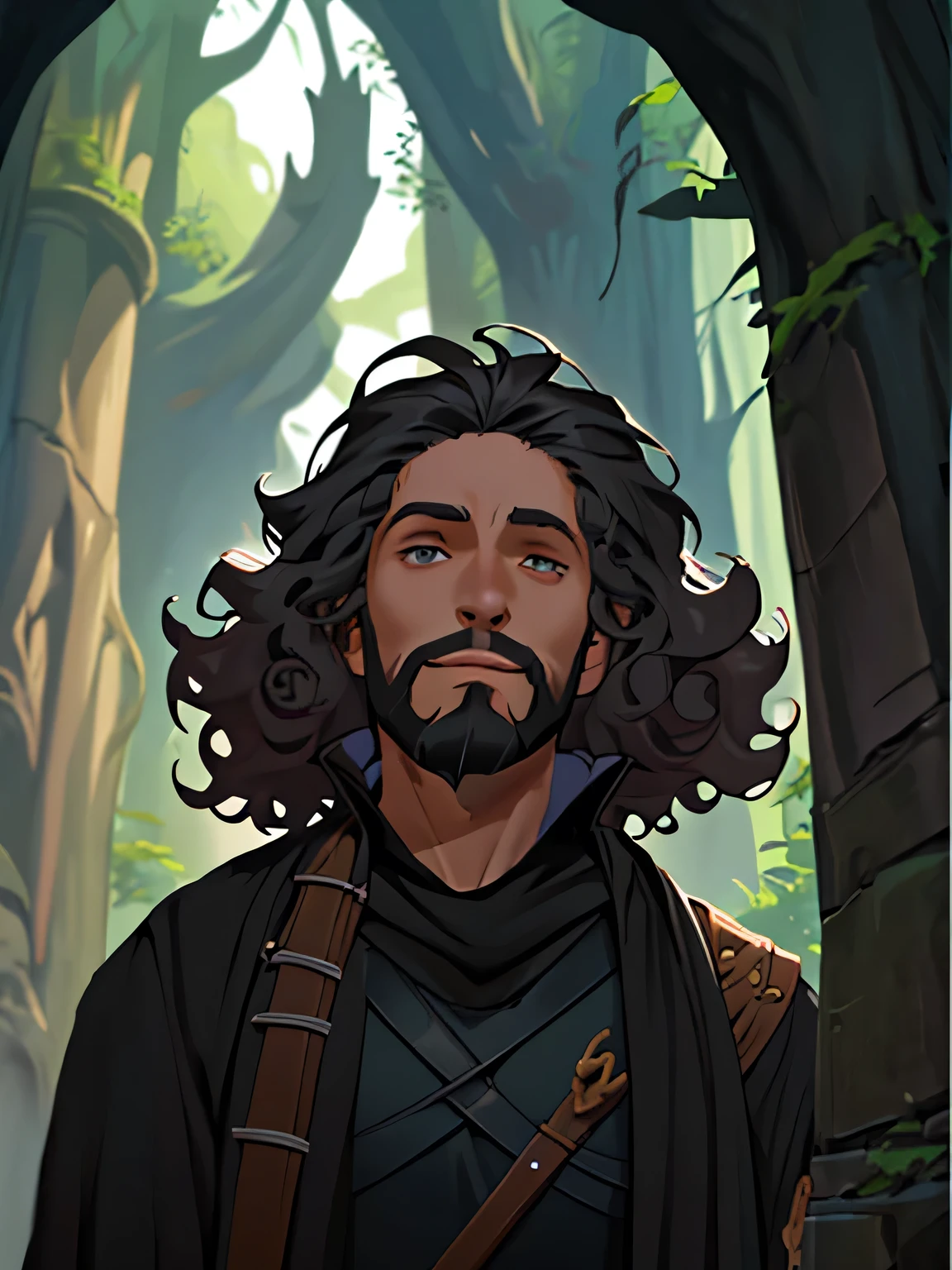 Rpg, curly hair, rpg adventure, wizard, black clothes, male, low beard