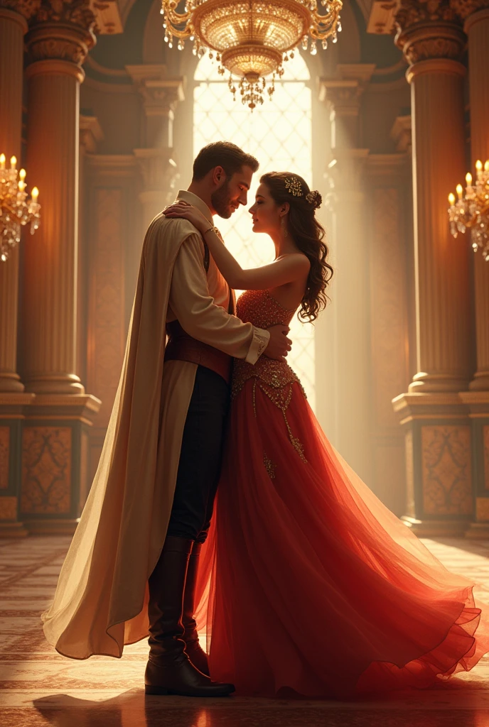 Realistic king swirled her queen with hand and
love and dance in a big room of palace with sparkle and charm