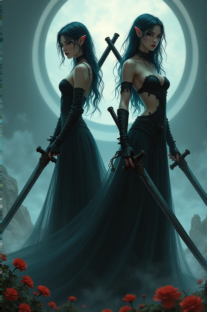 Create an image where there are two very beautiful evil anime beings carrying a sword on their backs