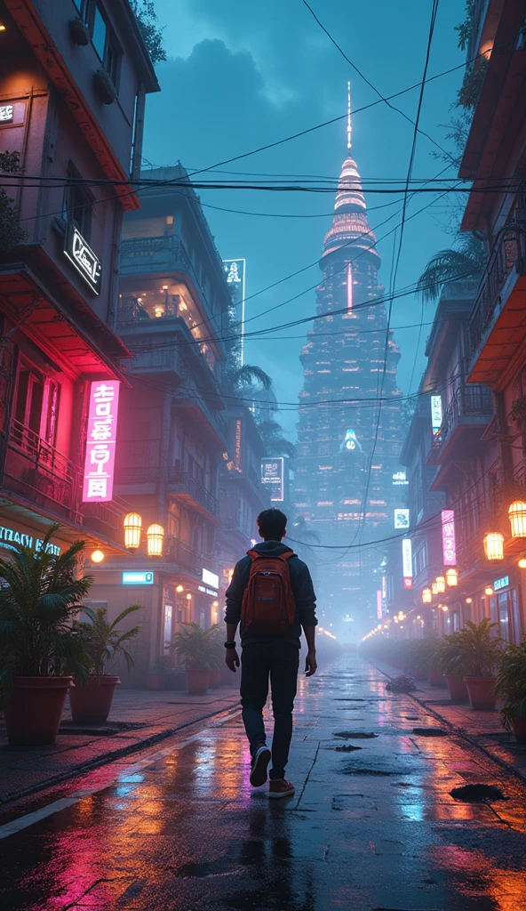 (Masterpiece) (highly detailed) Realistic1.6 banaras future cyberpunk leon lights buildings night sky UHD detailed realphotography 8K UHD