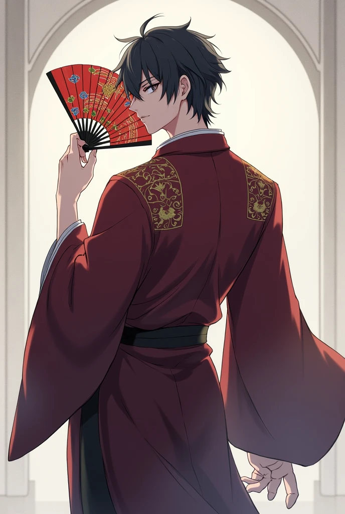 Diluc from genshin impact in male japanese traditional costume holding fan looking at camera from back view
