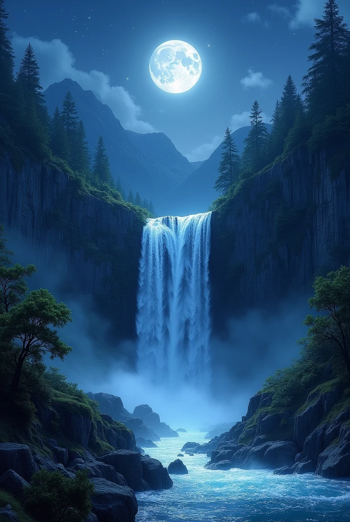 very great view of realastic night with waterfall at midnight
