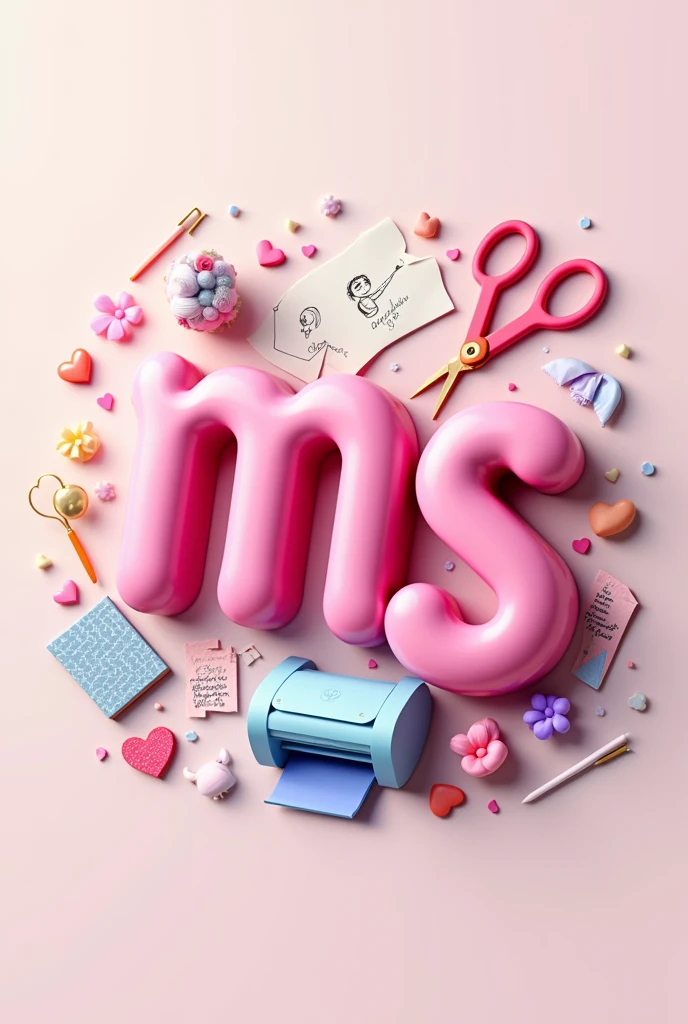 Create a logo with vibrant colors, Pastel colored background with the initials MS in pink 3D, with the name Atelier, with printer drawings, agendas, scissors and several pink hearts. Pixar animation style