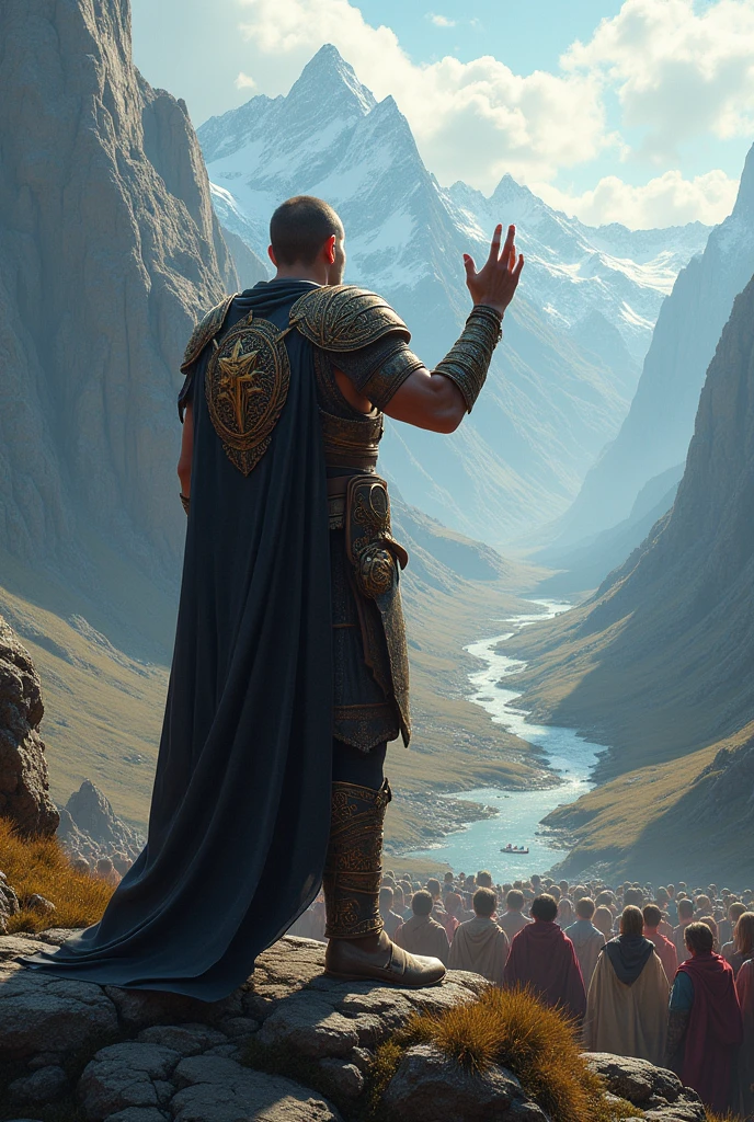 WARRIOR with back armor in a landscape preaching the word of God