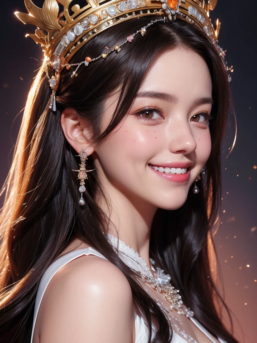 portrait of a beautiful 20 year old holy woman, wearing a thin multicolored silk dress, a beautiful face without blemish, without freckles and moles on her face, (((beautiful smile:1.4))), ((7 color long hair:1.2)), big crown, hair brooch, hanfu dress, chinese ancient style, full body jewelry, forehead tattoo: (very even and red lips, face full of details, face 1.8) the goddess' skin is smooth white, rosy, cinematic, light and dark, dramatic light, magical light, extremely detailed light, true color, super sharp, realistic, 8k quality, fantasy universe background, saint and magical space, the most detailed image,