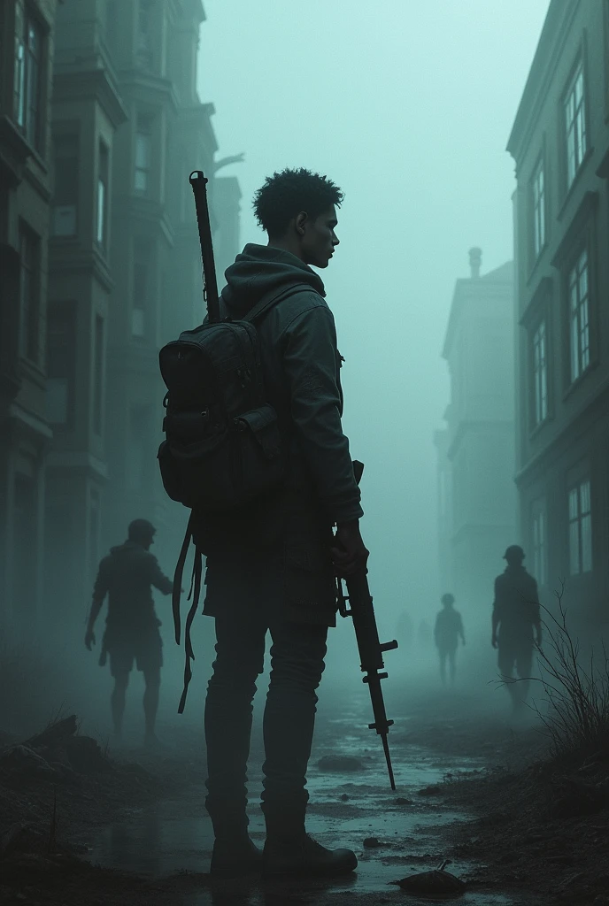 Make a Walking Dead style zombie book cover with a dark-skinned protagonist, The title :"The Mist Walkers"
