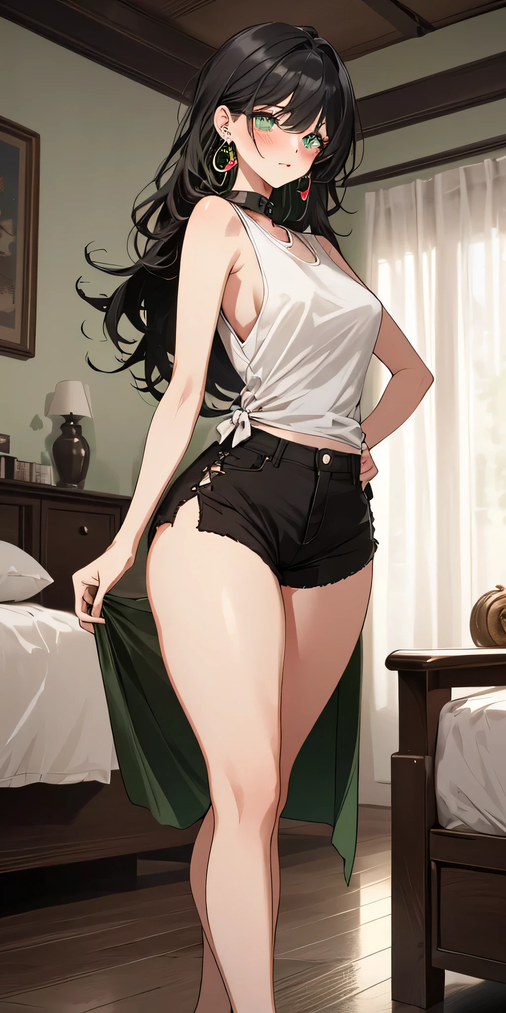 (top quality, masterpiece, high quality, ultra-delicate), ((beautiful girl)),((adult)) ((Dark black hair)), mature, graceful curves, (long hair, long bangs), ((bright green eyes)), detailed eyes, modern clothing, bangs, fashionable clothing, black collar, ((black booty shorts)),((white small tank top)) casual ribbon, ((large breast and chest)), charm, fashion, bedroom, ((standing),  ((vagina;1.5)) ((seductive)), small blush, ((thick thighs)), breast, green earrings.