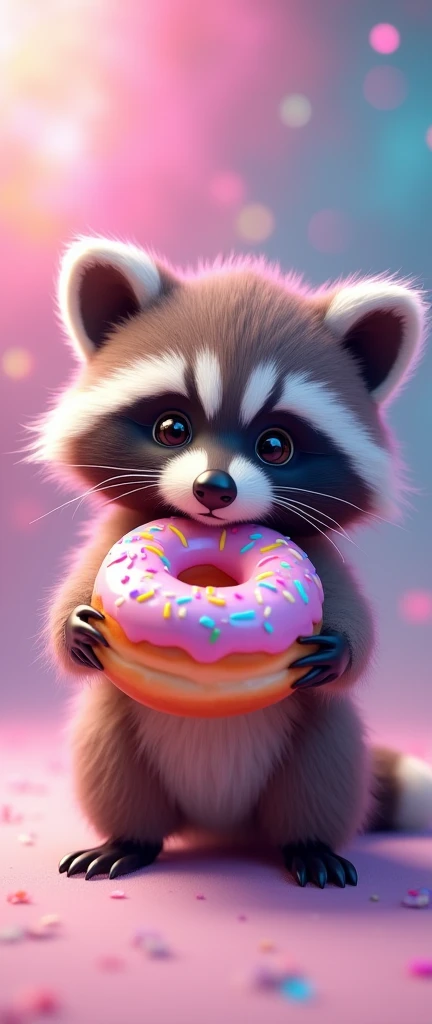 A captivating, high-quality image of a fluffy baby raccoon, looking adorably curious while holding an isometric view of a mouthwatering donut. The donut is coated in an iridescent, glossy glaze that mirrors a pastel rainbow, with swirls of ethereal pastel nebulas. The vibrant colors are accentuated by an array of colorful sprinkles, drizzled over the surface. The raccoon and the donut are presented in a fashion-inspired setting with a 3D render, creating a conceptual art piece that showcases the delightful product in a unique and captivating way., photo, 3d render, conceptual art, poster, product