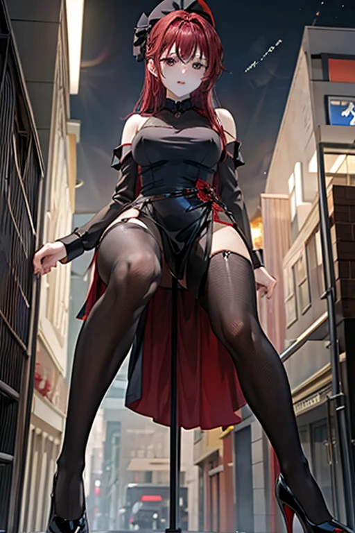 NFSW,{{high qualiy}}, {{masterpiece}}, {{{giantess art}}}, red hair woman, black gown, Red High Heels, with pantyhose, in town, very tall, mãos atrás das costas
