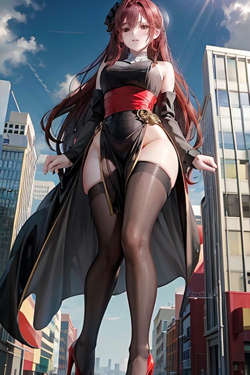 NFSW,{{high qualiy}}, {{masterpiece}}, {{{giantess art}}}, red hair woman, black gown, Red High Heels, with pantyhose, in town, very tall, mãos atrás das costas