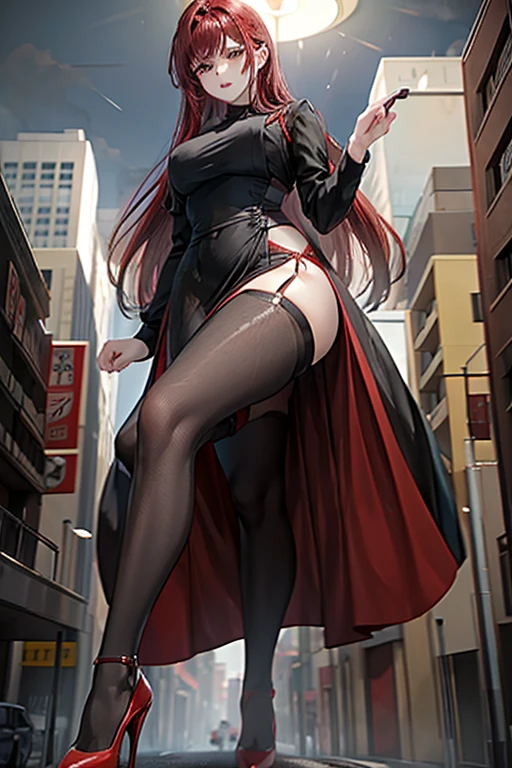 NFSW,{{high qualiy}}, {{masterpiece}}, {{{giantess art}}}, red hair woman, black gown, Red High Heels, with pantyhose, in town, very tall, mãos atrás das costas
