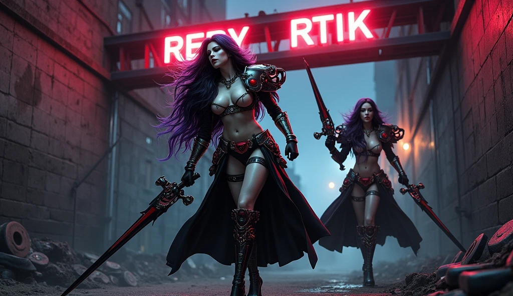 Masterpiece, Best Quality, Official Art, (Highly Detailed CG Unity 8k wallpaper), Detailed background, (Hands by Guido Daniele: 1.1). Full body pose sexy sisters of battle from the warhammer 40k, shooting at the enemy, white armor with intricate details, red armor with intricate details, religous symbols on the armor, sisters of battle, warhammer 40k, Massive silicone breast, pale skin, seductive, temptation, eat your soul, clevage, long flowing black hair with purple highlights, heavy gothic makeup, at night, neon, beautiful detailed eyes, beautiful detailed lips, extremely detailed eyes and face, long eyelashes, highly detailed armor, intricate futuristic weaponry, dramatic lighting, cinematic composition, muted color palette, gritty and realistic, mecha, science fiction, hyper-detailed, photorealistic, award winning digital art, 8k, HDR, masters work, in the middle of a battle field, full body combat action pose, explosions and fire around, full war, stunning, Stilleto heels, high heels, full body pose, cinematic, movie trailer, final stand!, nemesis, ready to strike, dust and debree, combat screams, attacking, shooting at the enemy, running forward, last line of defense, charging, fanatic, religious, templar knights, sisters of battle, warhammer 40k