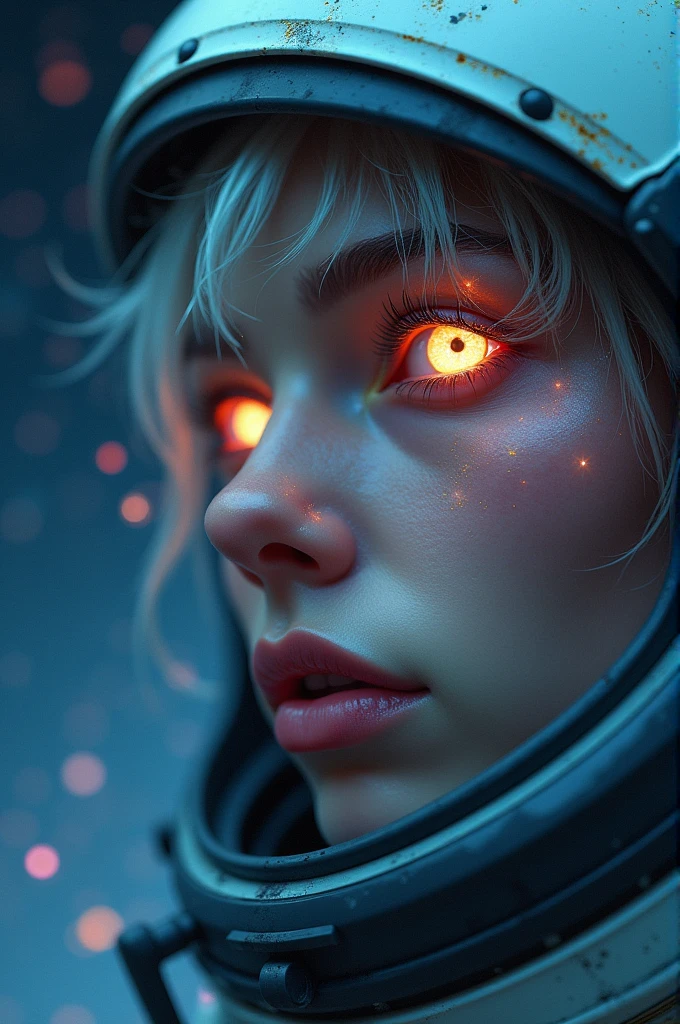 (Close-up of a better masterpiece:1.5)0.9], (Space and astronauts:1.2) (Messy silver hair:1.1) (Heterochromia xanthochromia and blue eyes:1.2) (Space Helmet:1.0) (Colored stars in the eyes:1.0) (A radiant glow:1.1) (thick lips:0.9)