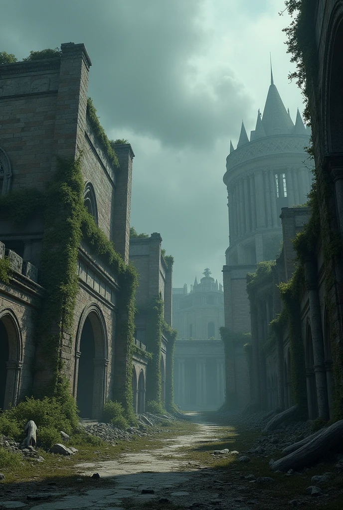 an ancient city in ruins under a gloomy sky