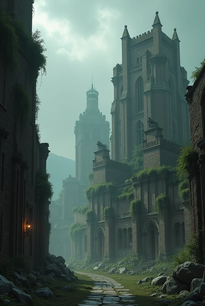 an ancient city in ruins under a gloomy sky