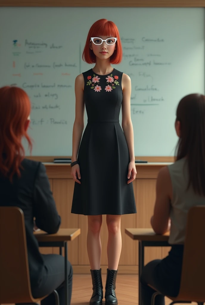 Tall, thin girl with straight reddish medium hair, and with a sleeveless black dress with little flowers on the neckline and black boots, in front of the class with bright artificial intelligence glasses presenting in front of the class with university classmates