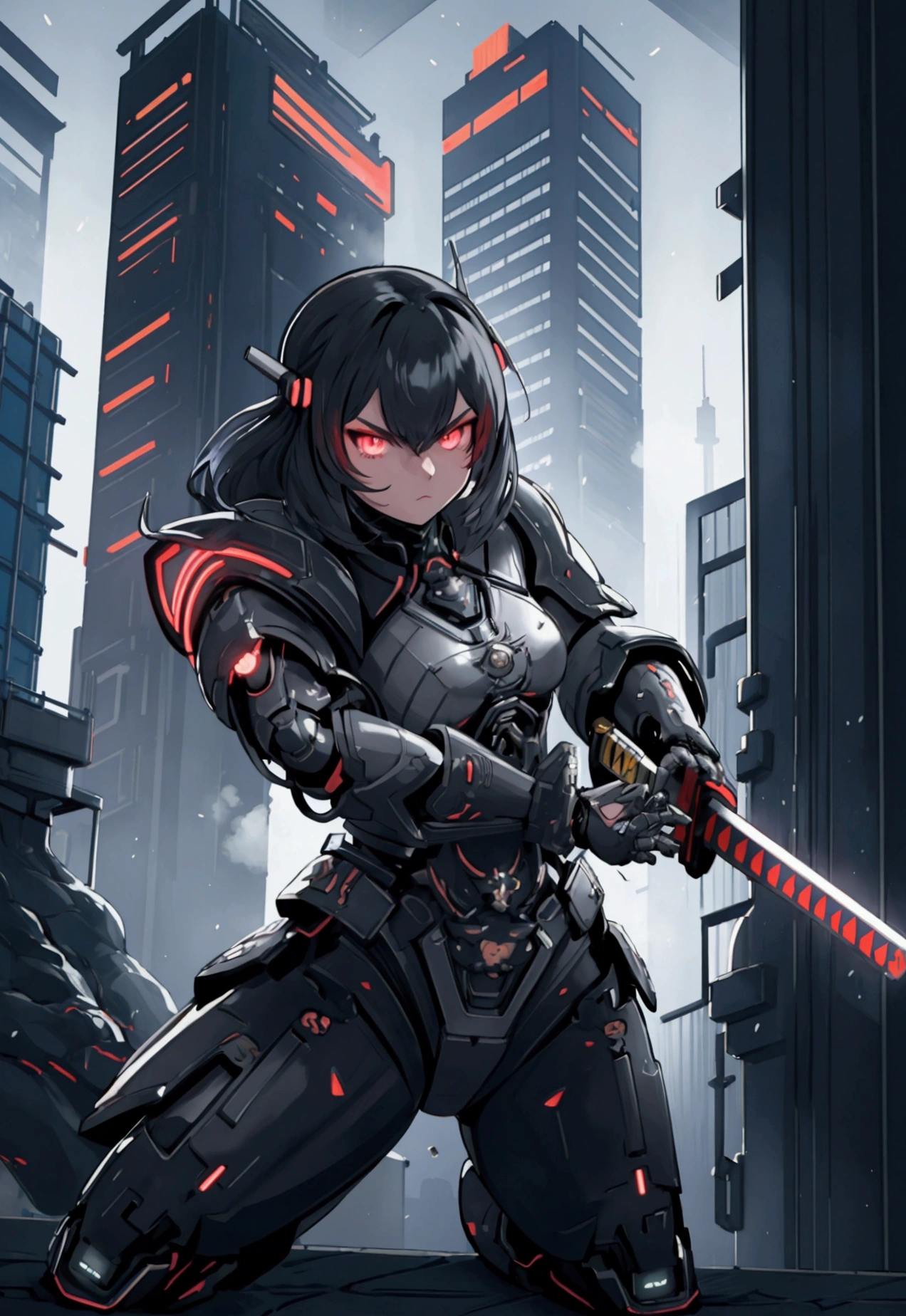 A futuristic Neotokyo setting with neon lights and towering skyscrapers. A cyborg samurai stands tall, wearing sleek armor with glowing accents. They wield a high-tech katana, ready for battle. Best quality, intricate details, clean lines, eye-catching composition, soft tones, anime realism, perfect illustration