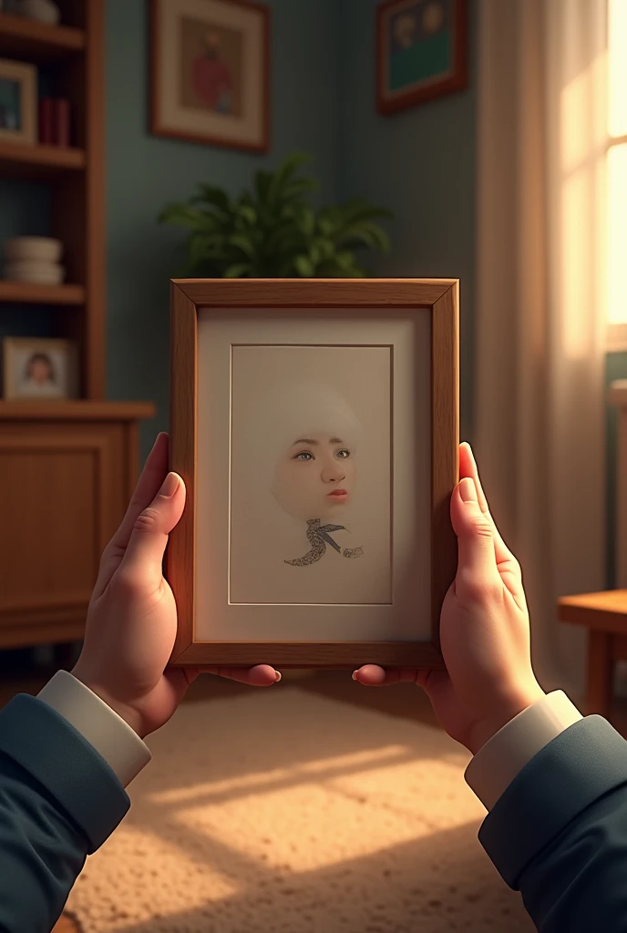 hands holding a picture frame in a room