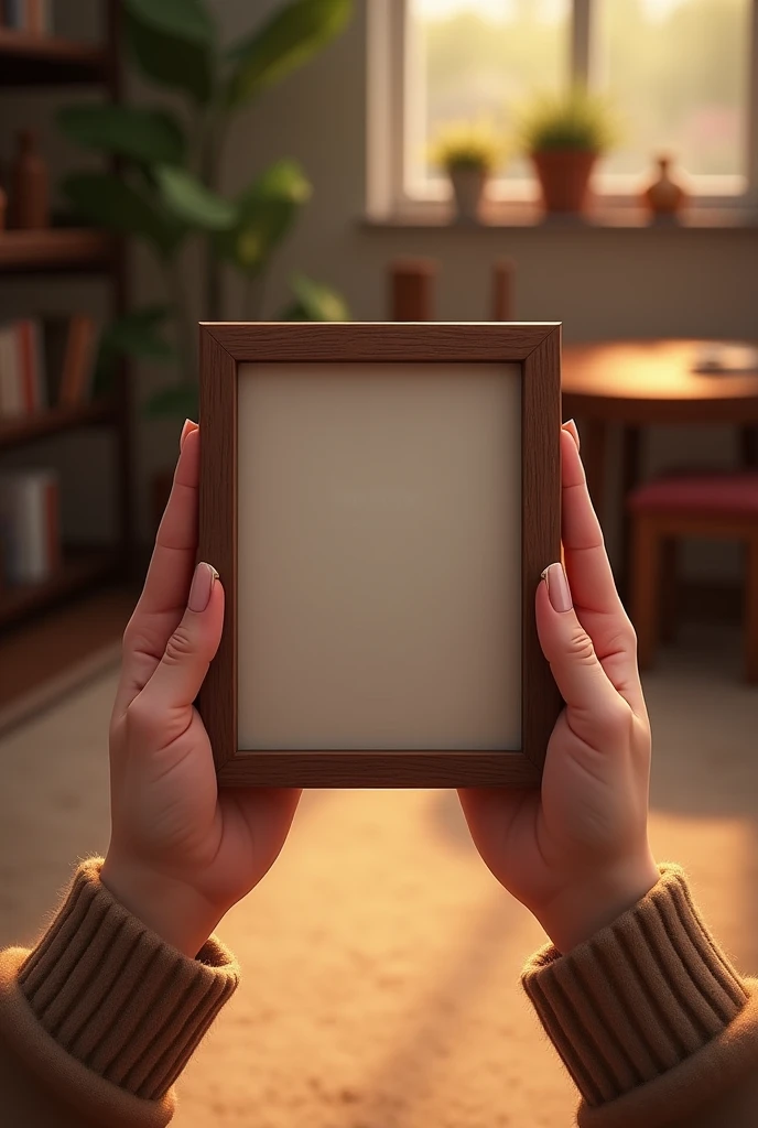 hands holding a picture frame in a room